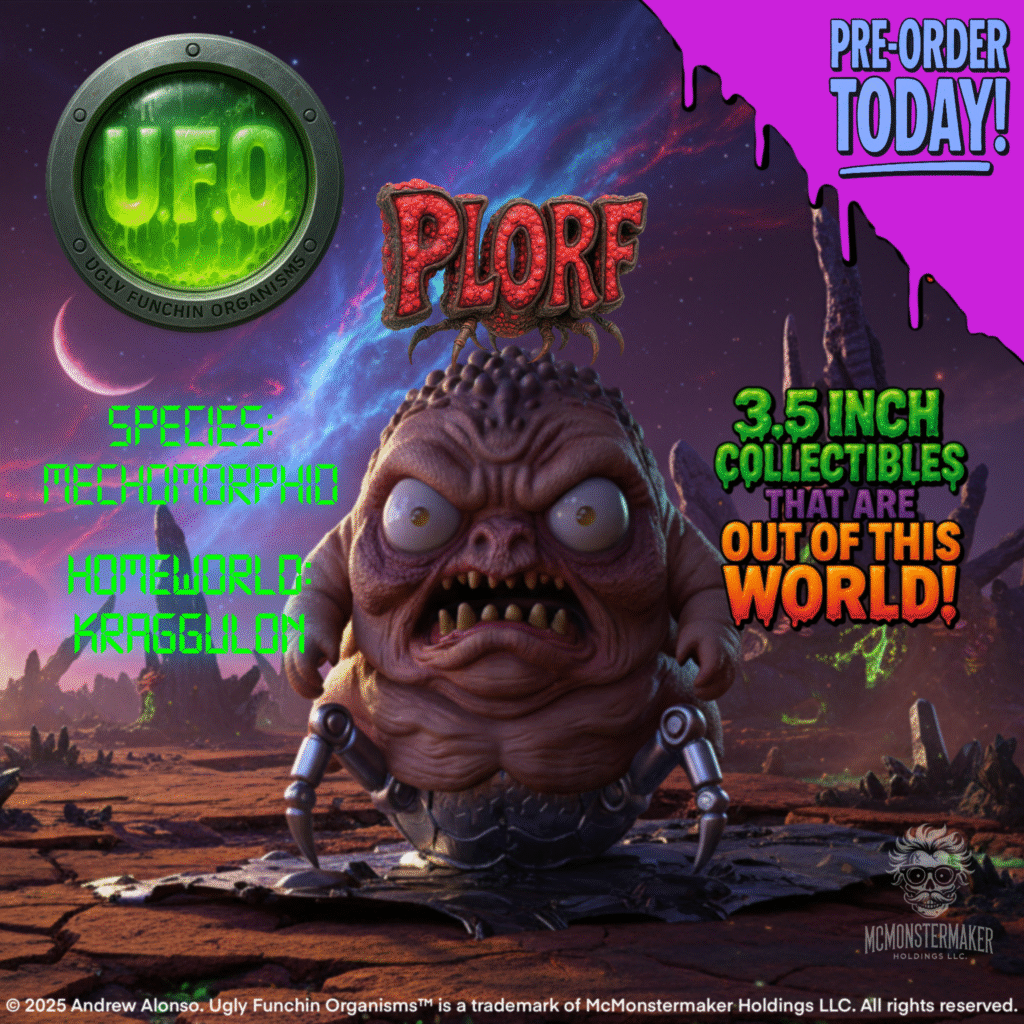 Plorf collectible figure – grotesque alien with robotic spider legs from The Creatureporium UFO horror toy line.