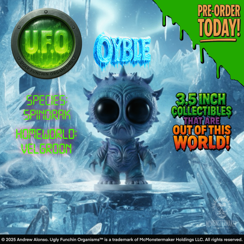 Oyble collectible figure – bug-eyed alien with icy spikes from The Creatureporium UFO horror toy series.