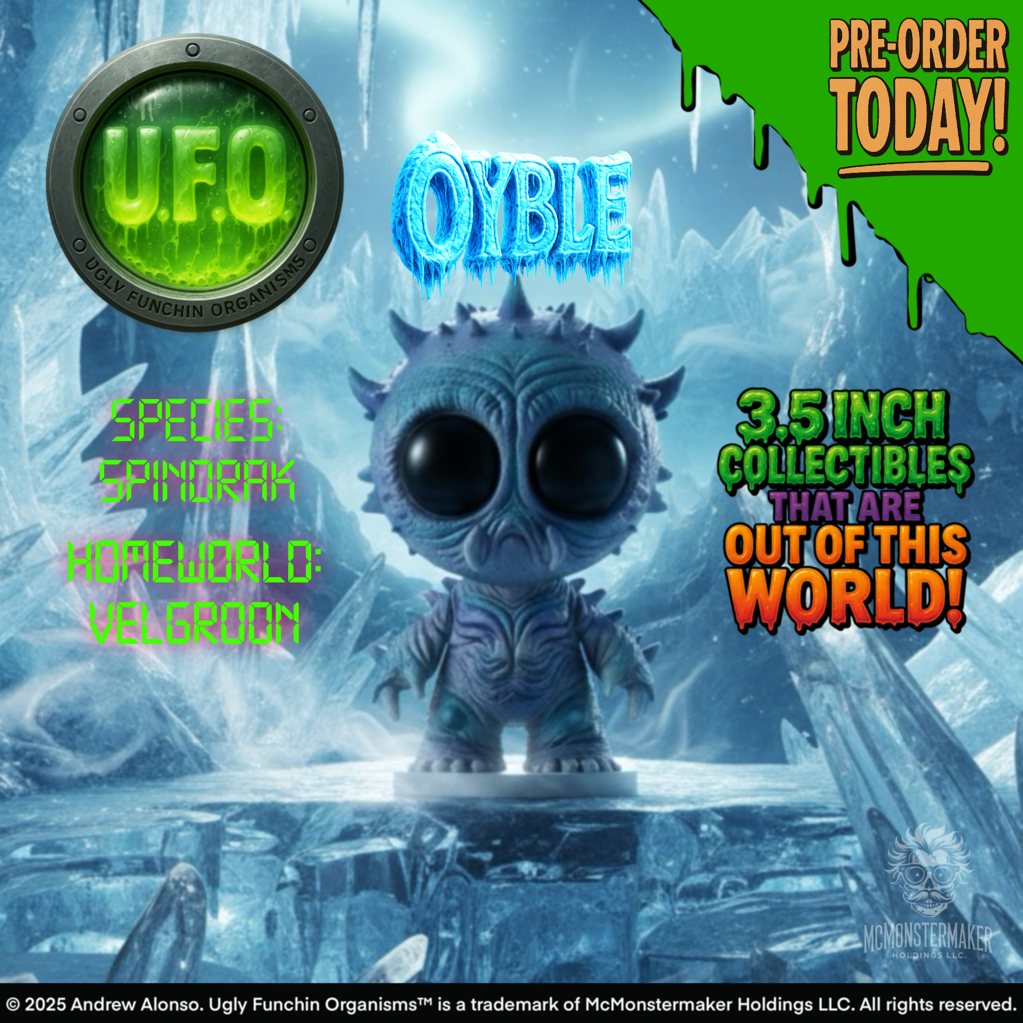 Oyble collectible figure – bug-eyed alien with icy spikes from The Creatureporium UFO horror toy series.