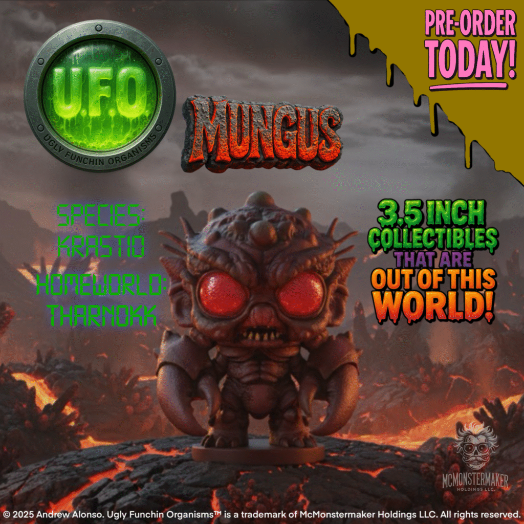 Mungus collectible figure – crab-like alien warrior with glowing exoskeleton, sci-fi horror collectible from The Creatureporium UFO line.